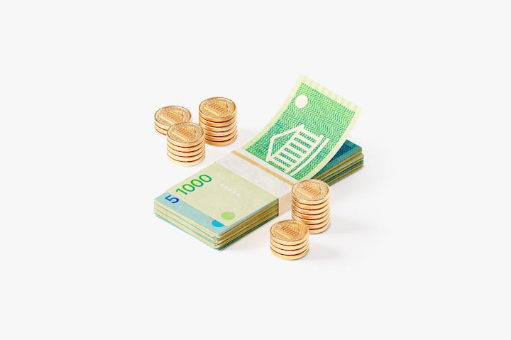 A 3D icon of a band of cash and coins
