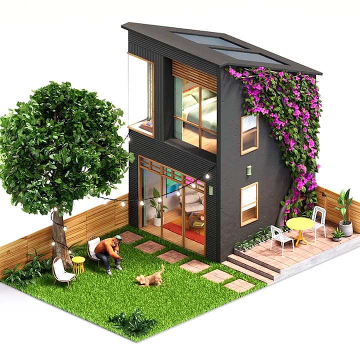 木とピンクの花のつるに囲まれ、庭で人と犬がくつろぐモダンな2階建ての家のイラスト