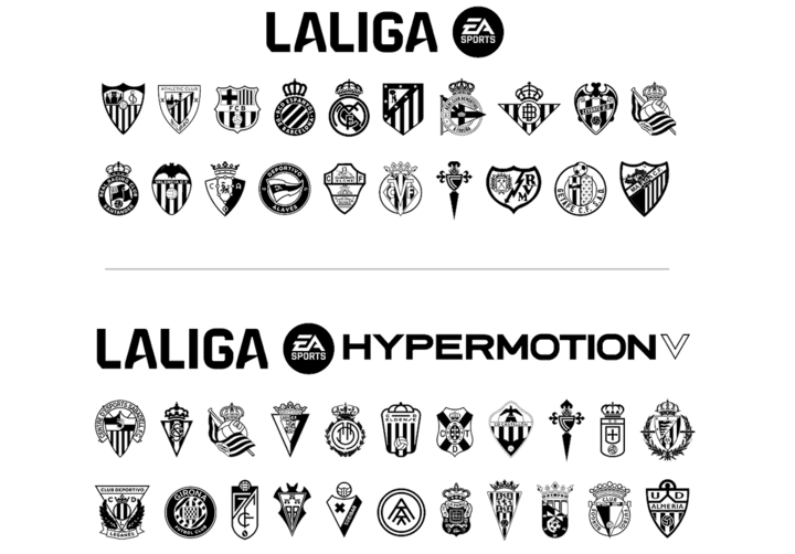 LaLiga EA Sports and LaLiga EA Sports Hypermotion logos, each followed by a row of black-and-white club crest icons representing the teams in each league division.