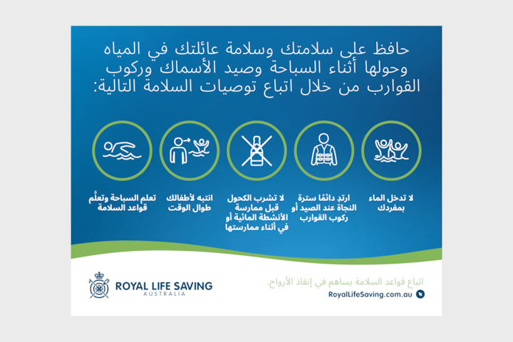 Infographic listing pool and water safety tips in Arabic, emphasizing no alcohol, life jackets, supervising kids, and learning safe swimming.