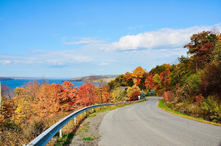 Curving lakeside road through Finger Lakes hills lined with vibrant fall foliage and blue water below
