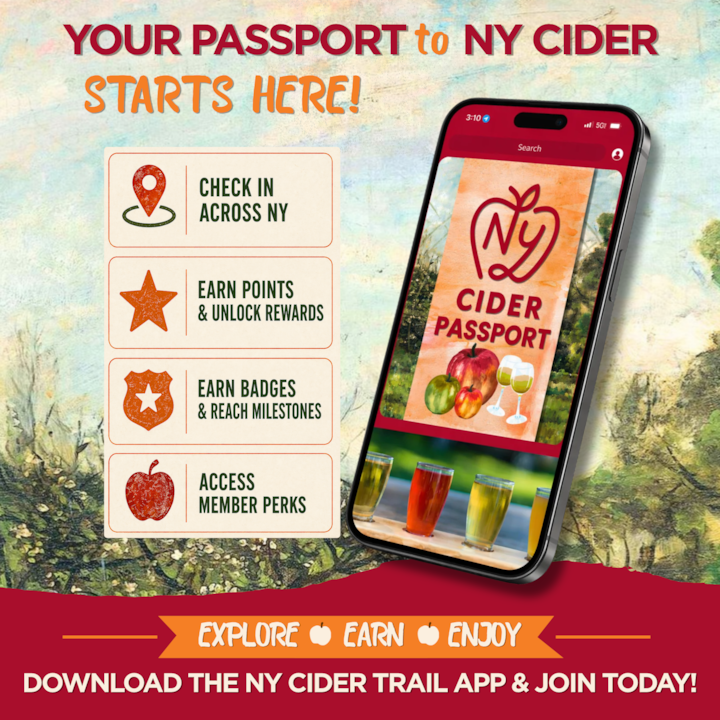 NY Cider Trail App promoting NY Cider Passport to check in, earn points, badges, and access member perks across New York.