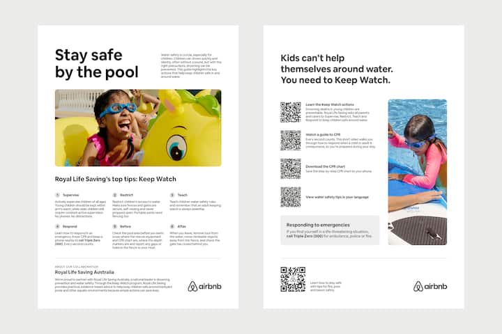 Pool safety resource sheets featuring supervision tips, emergency guidance, and QR codes for further information