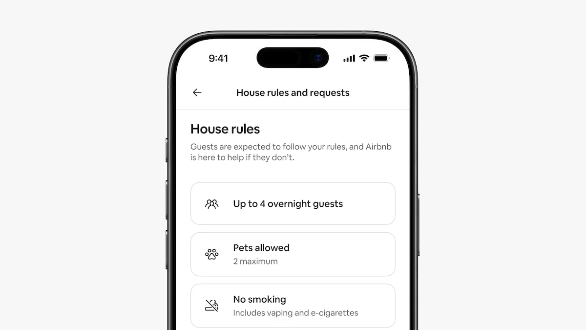 Uno schermo di un dispositivo mobile che mostra 3 regole della casa standard stabilite da un host