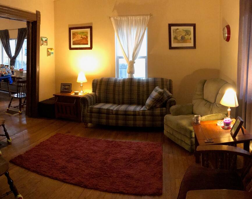 Shared living room with pull out couch and television.