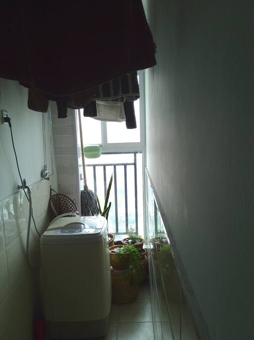 Balcony, with a washing machine and lines for hanging wet clothes above.