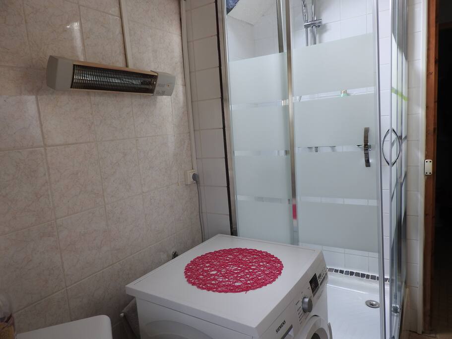 Salle de bain privée avec lavabo, douche, sèche cheveux et lave-linge à disposition.