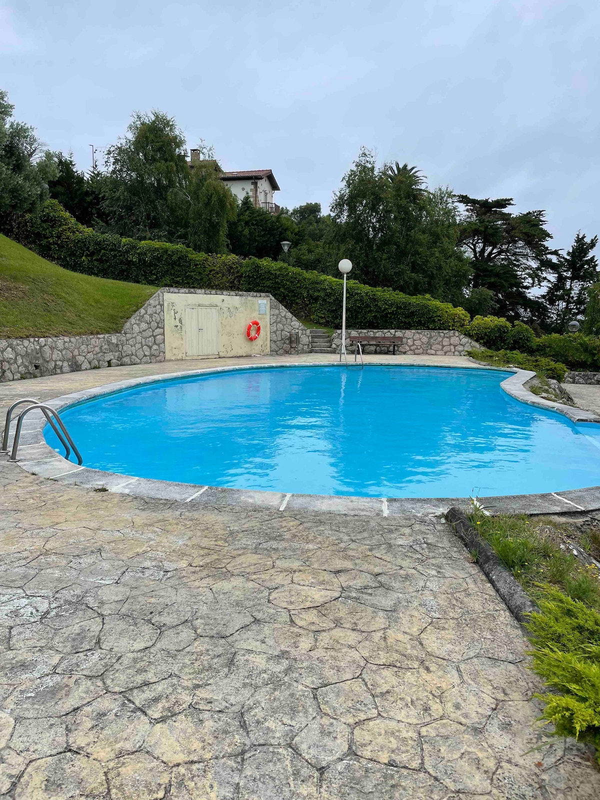 A circular outdoor pool is set within a landscaped area, featuring a smooth stone deck and a gentle slope of green grass in the background. A lifebuoy is mounted on the pool's wall, and surrounding foliage adds a touch of nature to the scene.