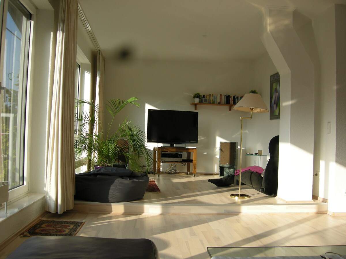 A spacious living area is illuminated by natural light filtering through large windows. A television is positioned on a wooden stand, complemented by a modern floor lamp. A green plant adds a touch of nature, while comfortable seating options are arranged on the wooden floor.