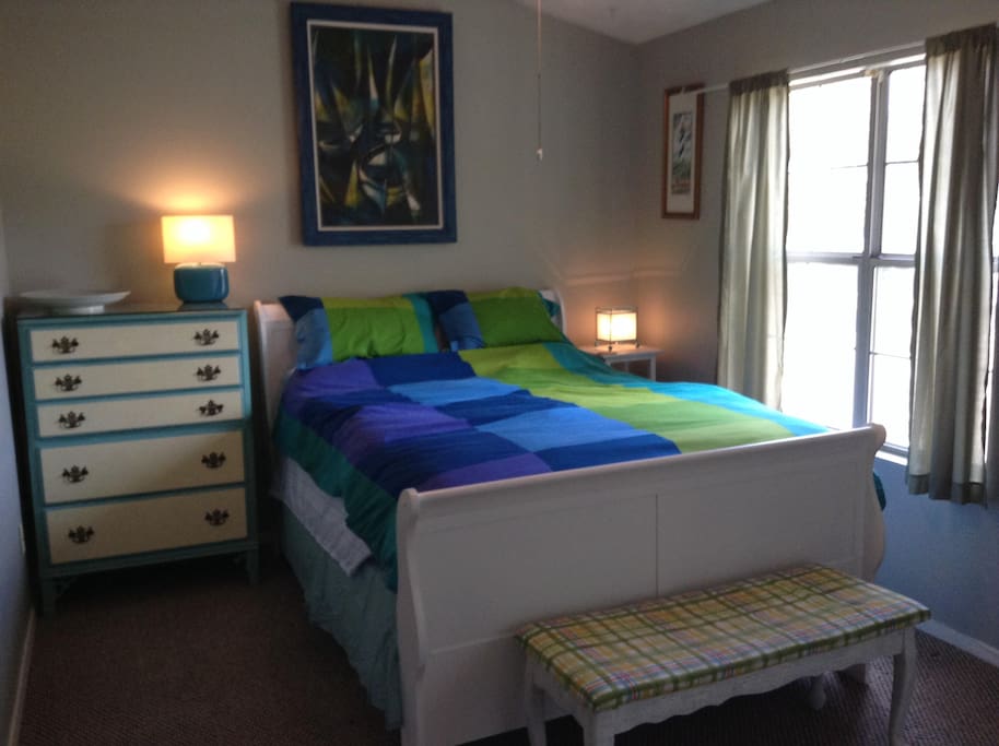 Furnished bedroom with new sleigh bed and mattress