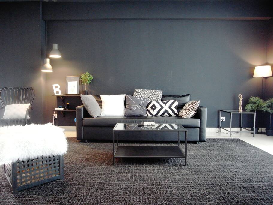 The living room is decorated on a white and black Scandinavian style