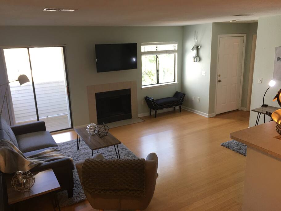 Bright Living Room with 48" Smart TV that swivels.