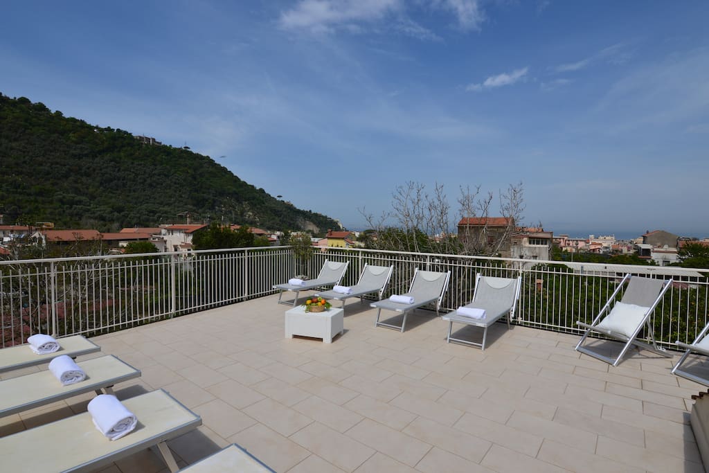 Exclusive Terrace Solarium equipped with sun beds, sun chairs, shower, tables, chairs, barbecue and gazebo, WiFi broadband