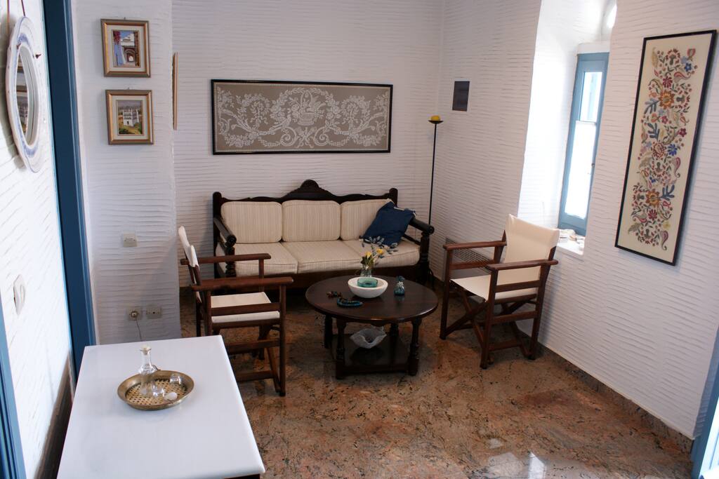 The comfortable living room opposite the kitchen.
