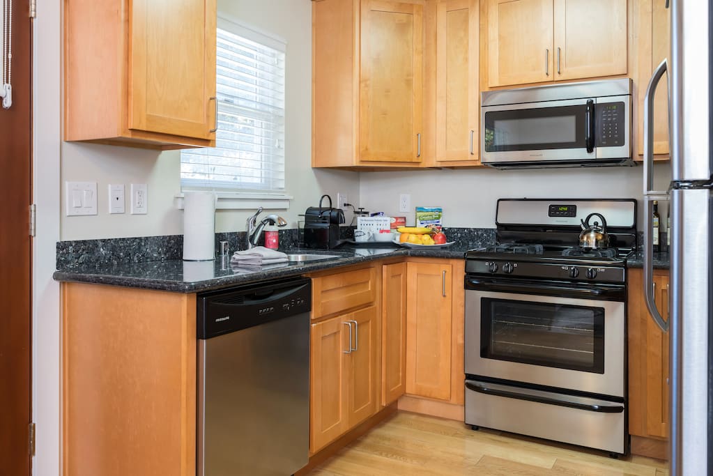 The kitchen is fully stocked, has all the appliances you need, and has granite countertops. There is a Nespresso machine to get you going in the mornings, and we stock the kichen with breakfast goodies.