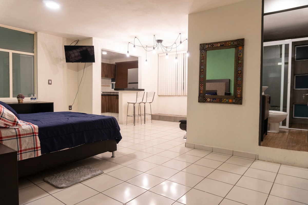 A spacious living area features a comfortable bed with a checkered blue and white blanket. Glass doors lead to a bathroom area, while a modern kitchen with bar stools is visible in the background. Soft light from overhead fixtures brightens the room.