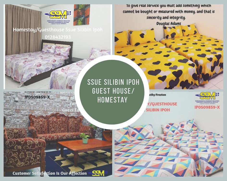 The image showcases four arrangements of guest accommodations. Each bed is dressed in unique patterned linens, featuring colorful designs. A neutral backdrop complements the vibrant bedding. A central graphic indicates the guesthouse name and contact information, promoting a welcoming environment for visitors.