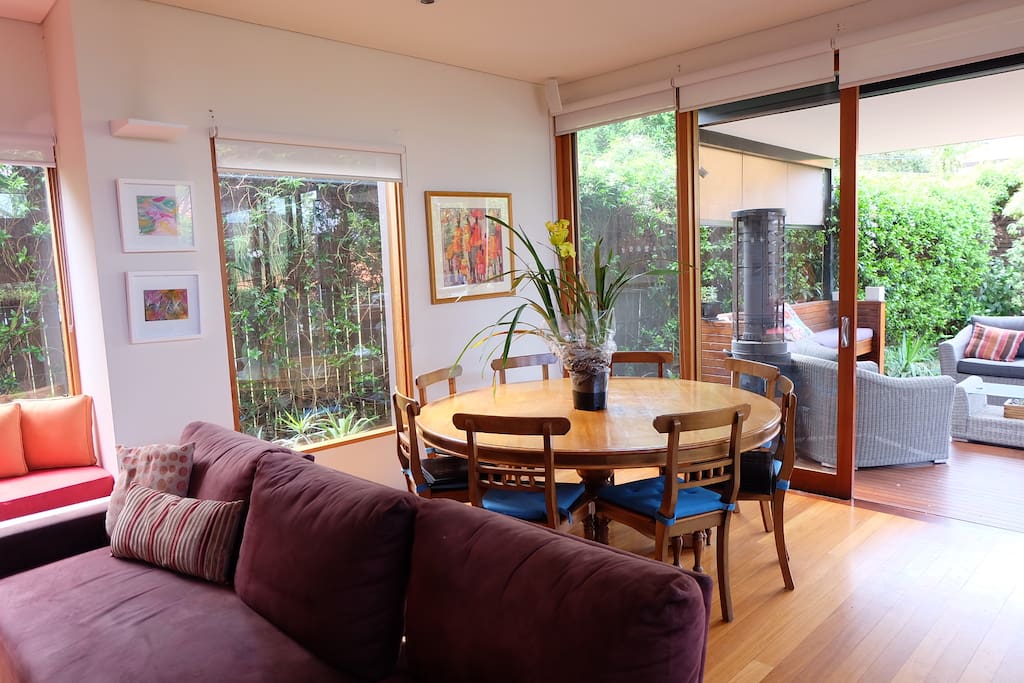 Dining table seats 8-10.