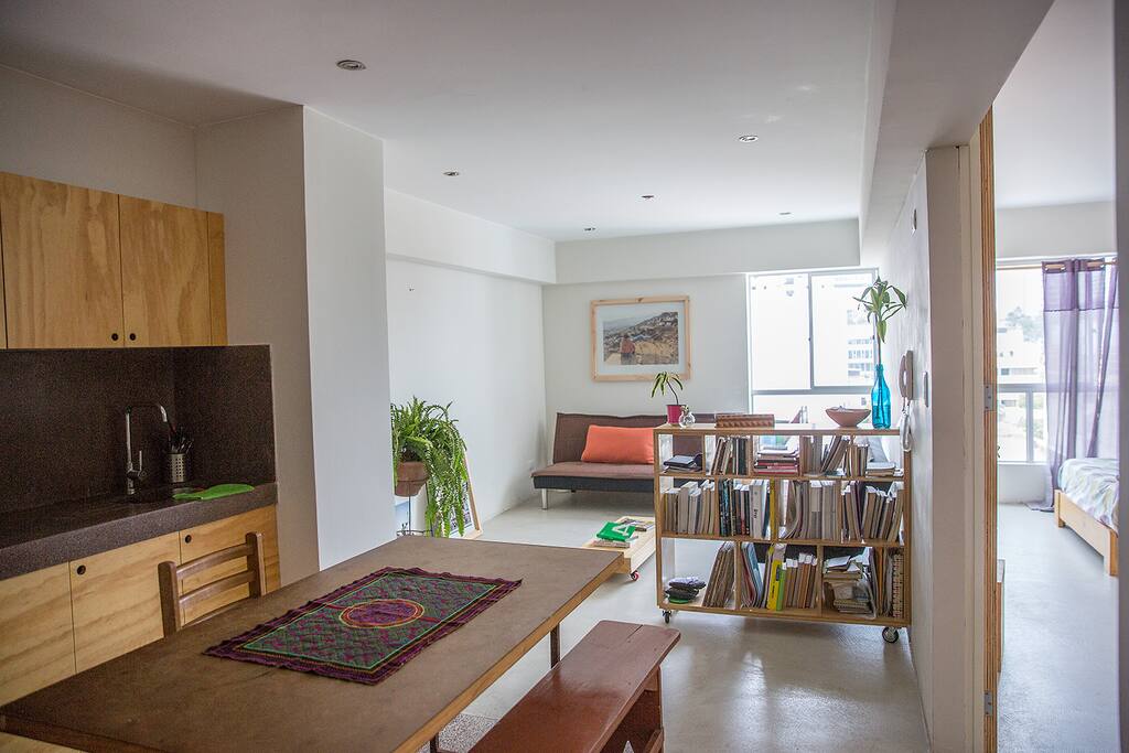 kitchen and living area.