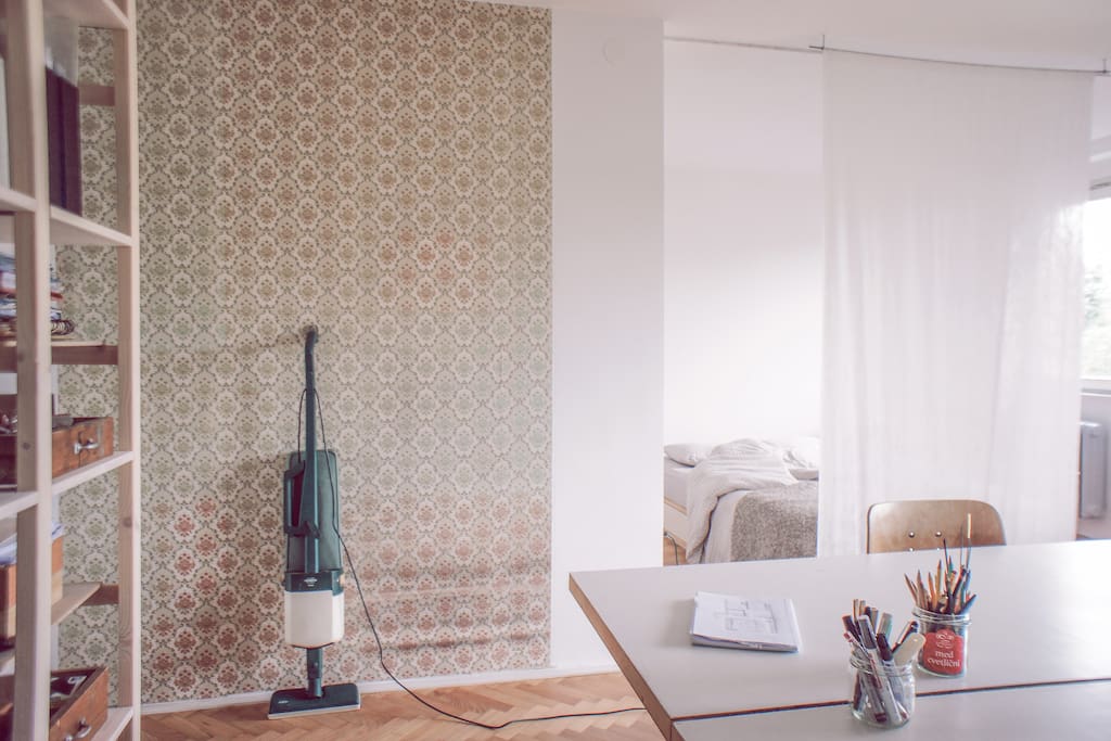 A view from studio towards the bedroom.