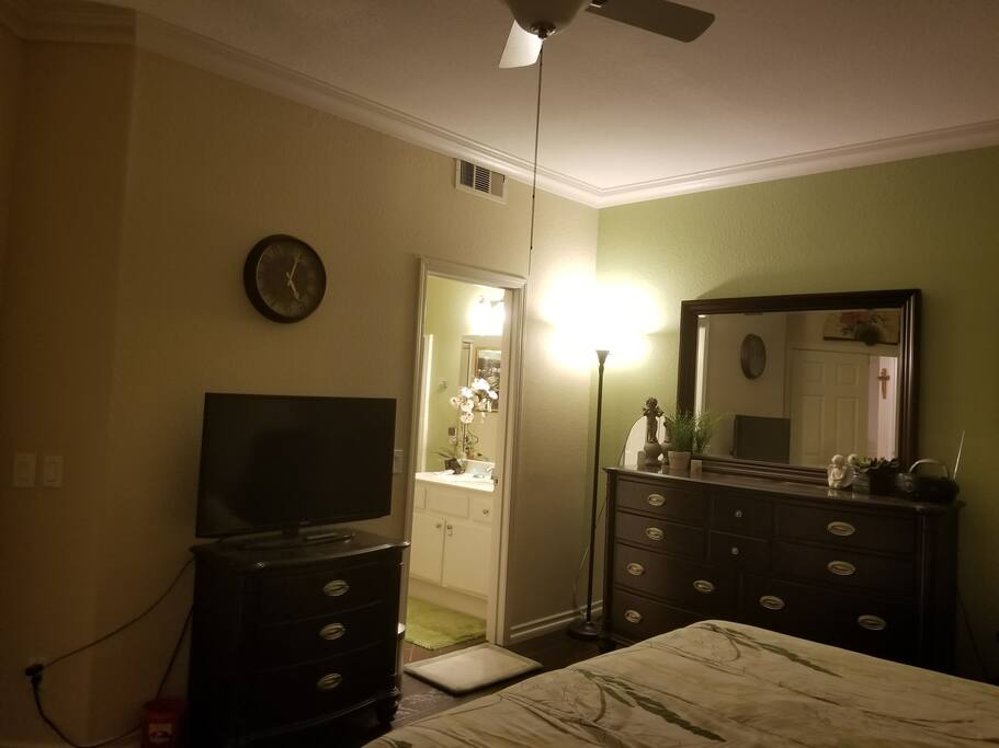 Down stairs bedroom with queen bed and private bath with shower