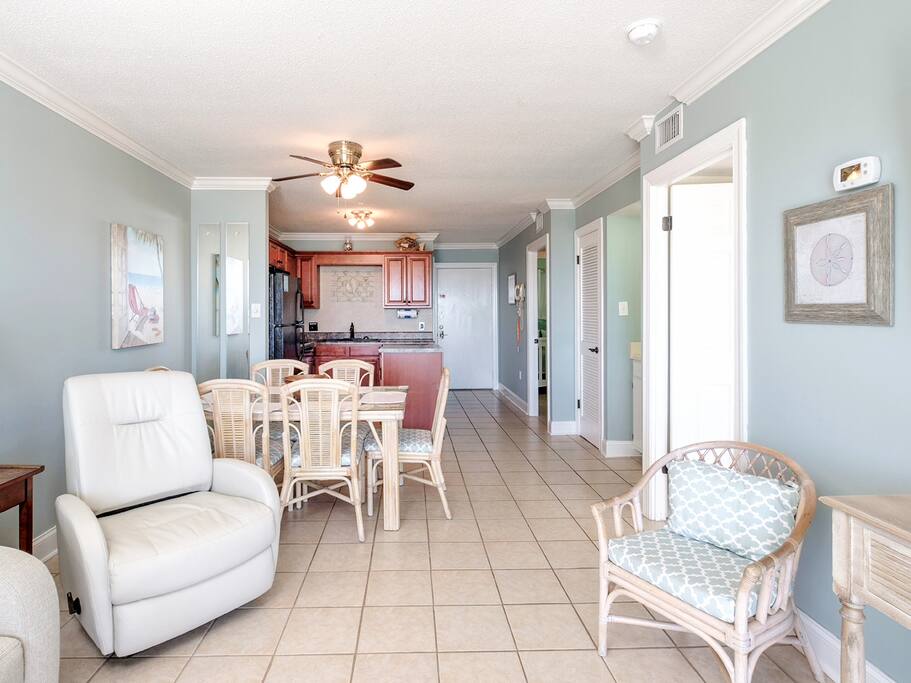 The open-concept floor plan encourages easy conversation.