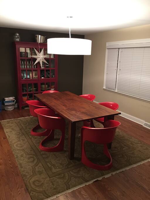 Warm, inviting dining room with large table.