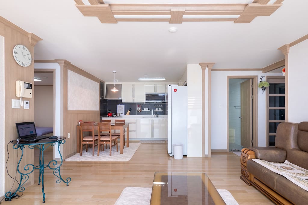 It is a kitchen looking from the living room.