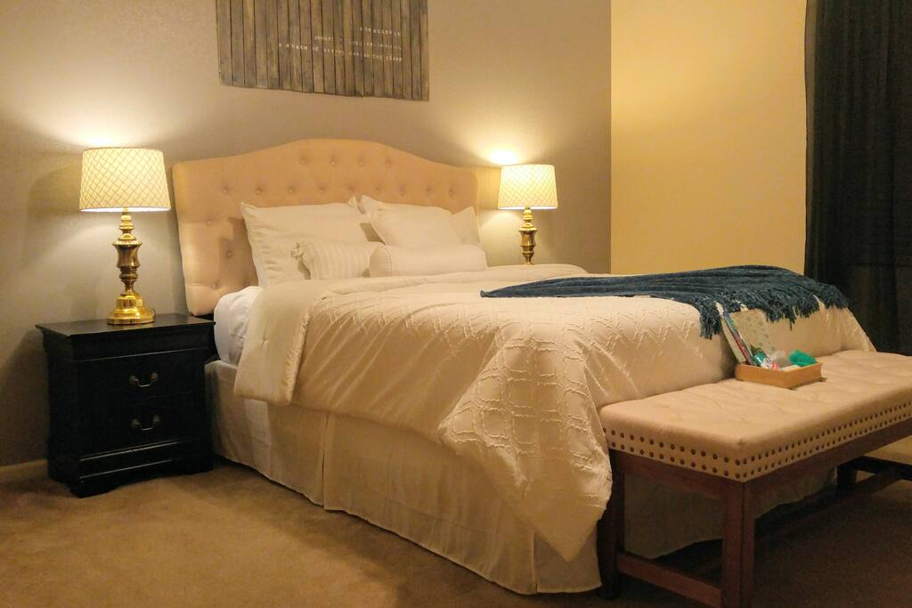 The master bedroom comfortably sleeps two! An extra floor mattress can be prepared for you upon request.