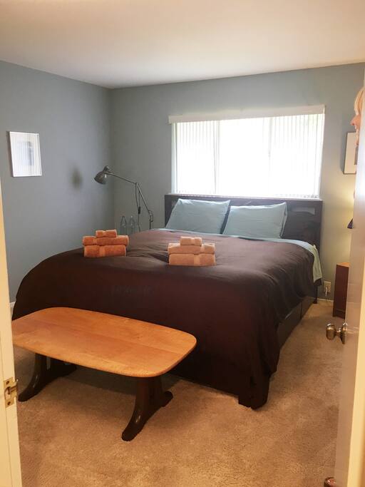 Your California King size bed Posturpedic with memory foam top layer and with down comforter is waiting for you.