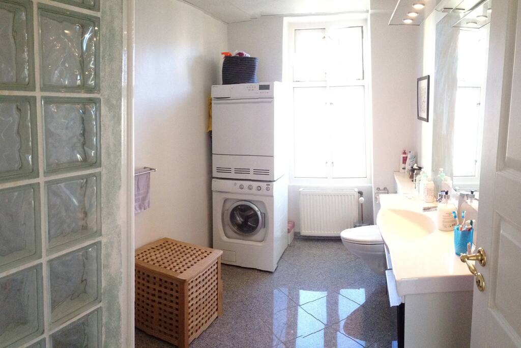 Bathroom w. toilet, shower, washer and dryer