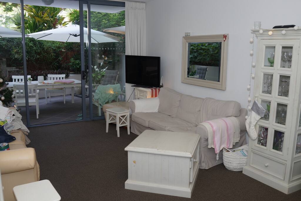 Large living room with dining table