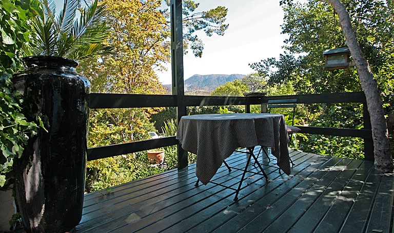 A private sun deck is depicted, featuring a round table covered with a patterned cloth. Surrounding greenery enhances the view of the distant mountains, while potted plants and a large vase add to the tranquil atmosphere.