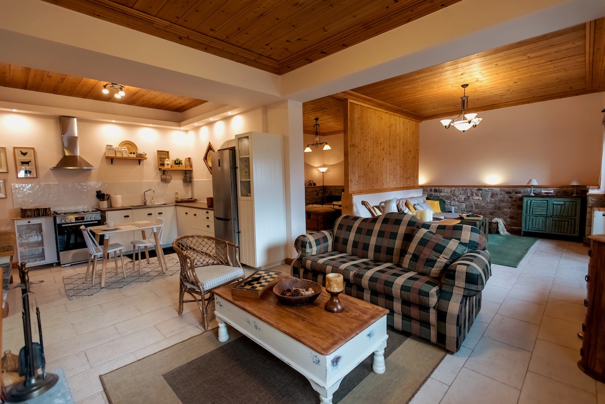 An open-plan living area features a comfortable plaid sofa and a wooden coffee table. A well-equipped kitchen and dining space are visible, showcasing modern appliances and a dining table with chairs. Warm wooden accents adorn the ceiling, adding to the inviting atmosphere.