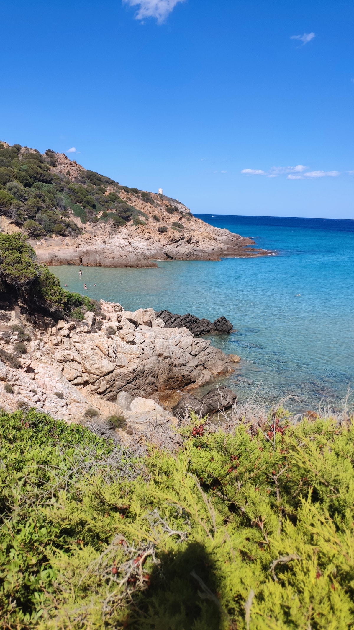 A coastal landscape reveals rocky shorelines meeting clear turquoise waters under a bright blue sky. Lush greenery frames the scene, adding a natural touch to the tranquil seascape. Waves gently lap against the rocks, creating a serene atmosphere suitable for relaxation.