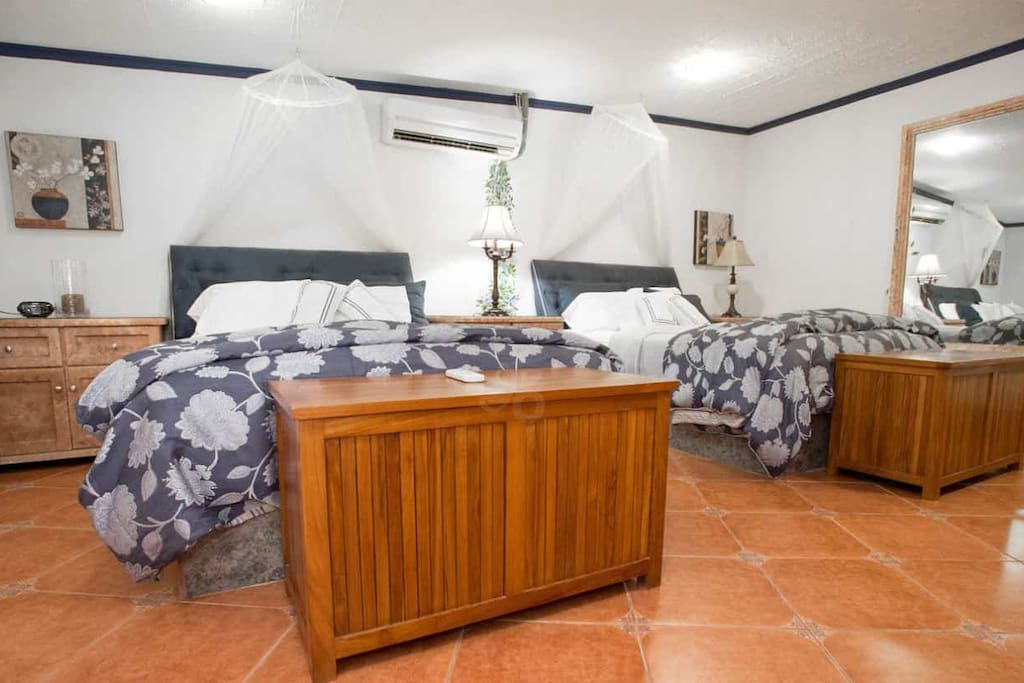 This luxury room comes with a two queen size beds, private ensuite bathroom, kitchenette, sitting area AC, TV and WIFI.
