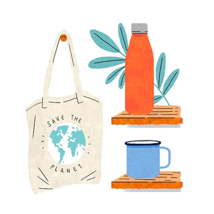 illustration of a mug, a water bottle and a tote bag