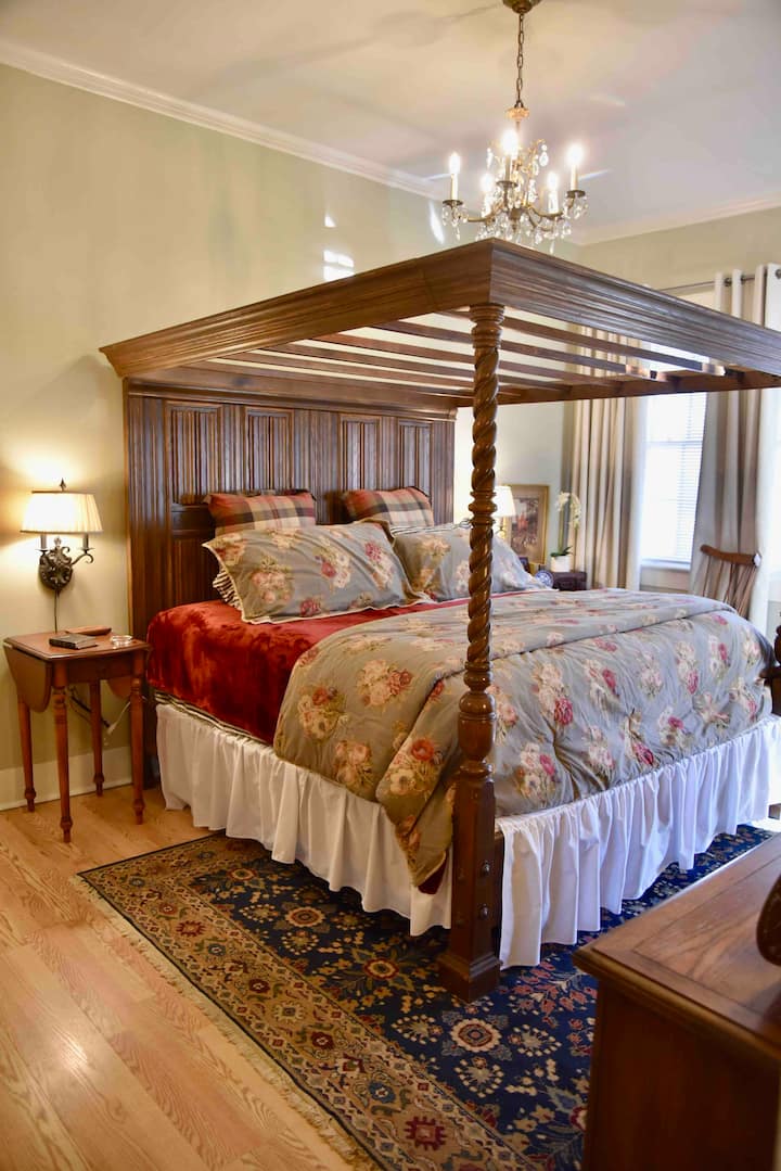 Chini bwana na mwaloni canopy kitanda na smart tv. Blackout mapazia 