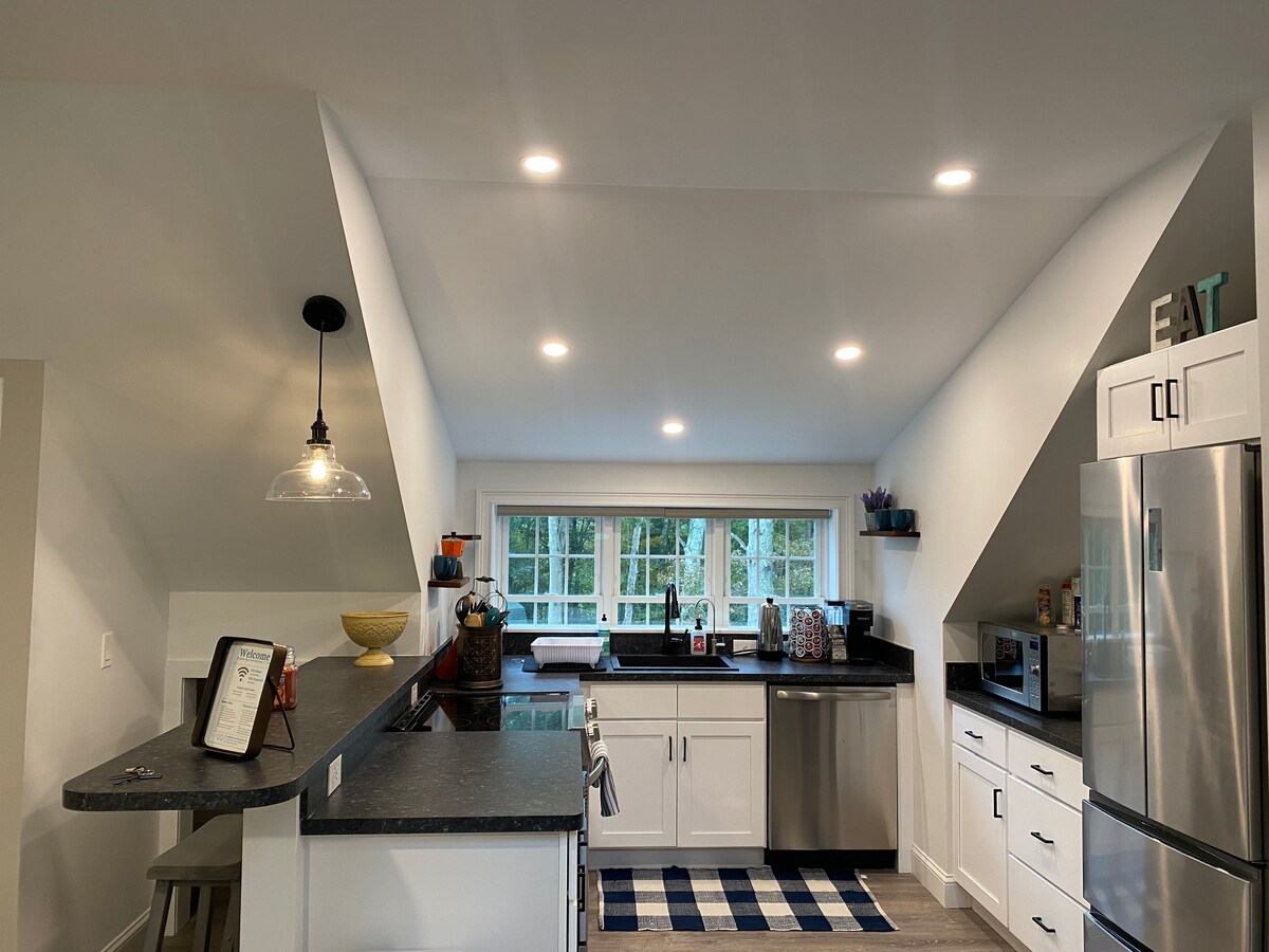 A modern kitchen is presented with sleek white cabinetry and stainless steel appliances. Natural light floods the space through large windows, highlighting the dark countertop and creating an inviting area to prepare meals. The checkered rug adds a touch of subtle color to the floor.
