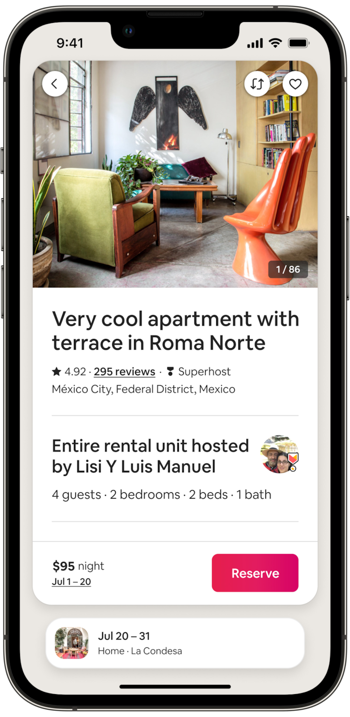 The screen of a mobile phone shows an image of the Roma Norte stay, plus relevant booking information. At the bottom of the screen there’s a button inviting the guest to “Reserve.”