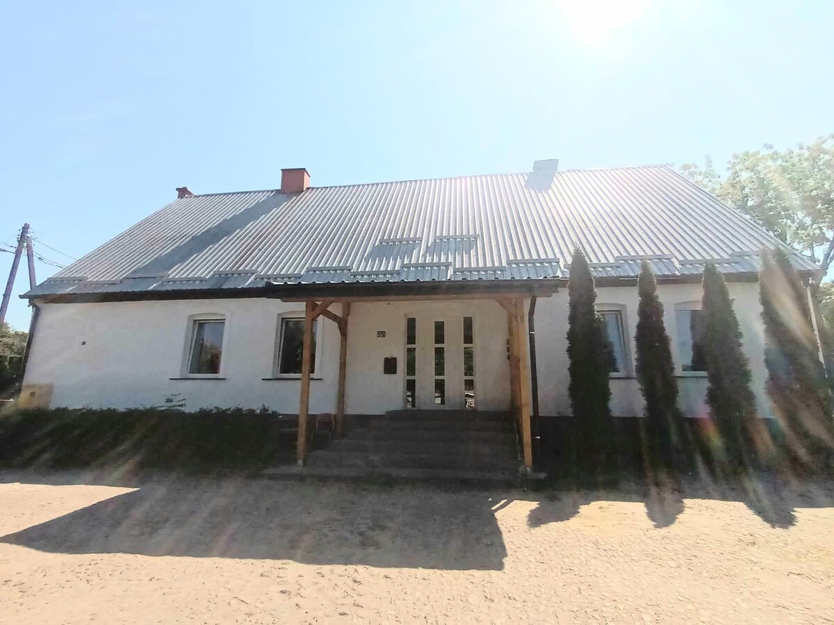 A charming house exterior is presented with a metal roof and a welcoming entrance. Tall, slender trees frame the front, while sunlight casts a warm glow over the sandy pathway leading to the door.