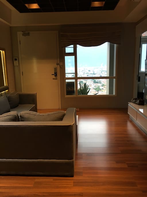 The entrance door and the living room