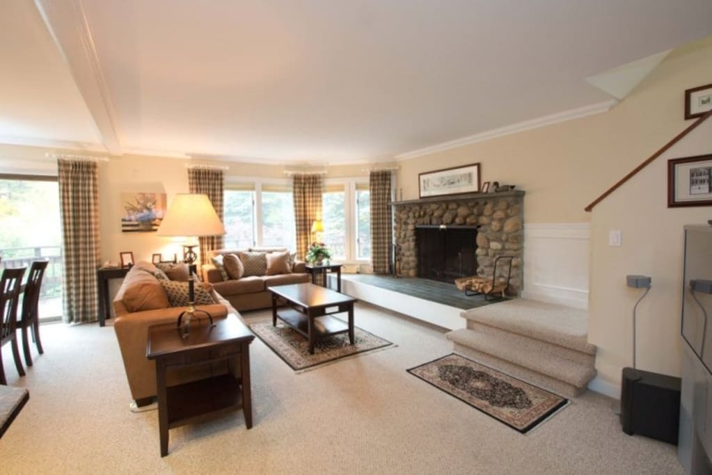 Large screen TV and wood burning fireplace in living room
