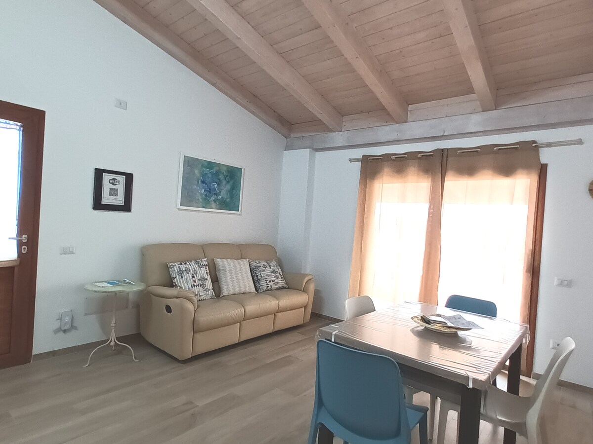 A spacious living area features light wooden beams overhead, accompanied by a cream-colored sofa and a dining table surrounded by colorful chairs. Natural light filters through large, sheer curtains, illuminating the room and highlighting a framed artwork on the wall.