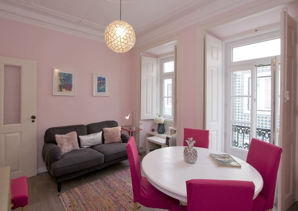 Comfortable living and dining room with nice balcony