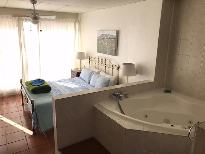 Chambre 2 - lit Queen Size avec baignoire spa, vue sur le mont Liban