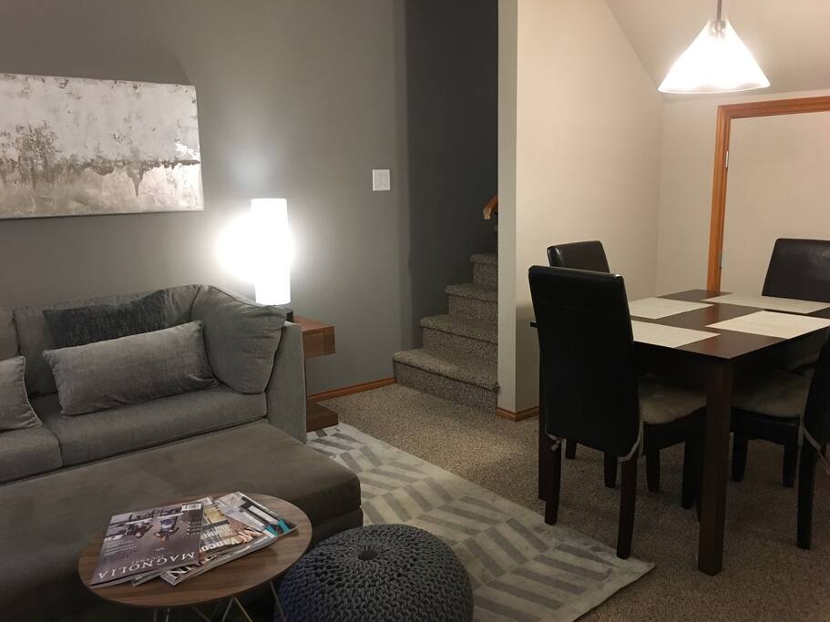 Living room and dining room with expandable table.