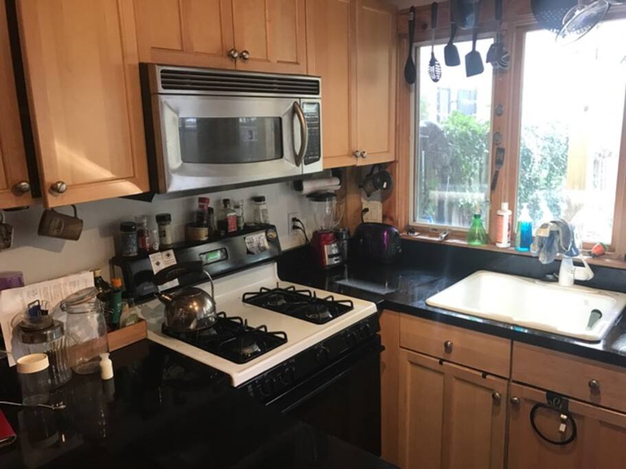 Kitchen, Closer view. Dishwasher under counter, to left of stove