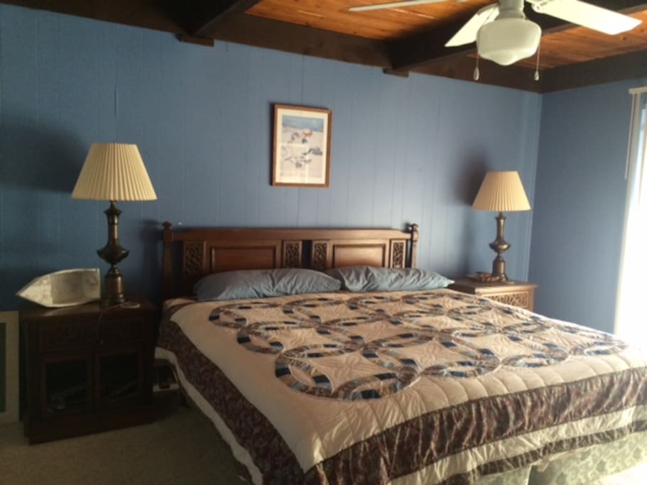 bedroom has sliding doors that open to lake