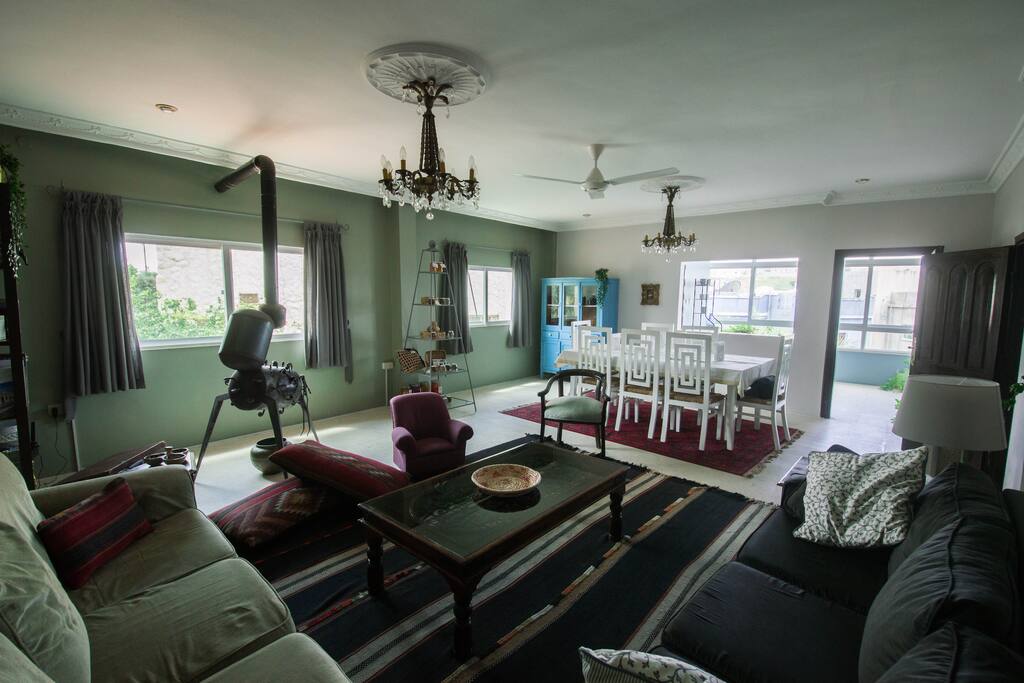 The dining room and living room.